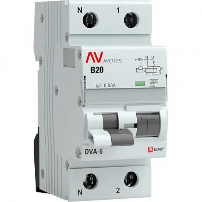 Автомат дифференциальный EKF AVERES DVA-6 1P+N 20А (B) 30мА (AC) 6кА rcbo6-1pn-20B-30-ac-av Автомат дифференциальный EKF AVERES DVA-6 1P+N 20А (B) 30мА (AC) 6кА rcbo6-1pn-20B-30-ac-av