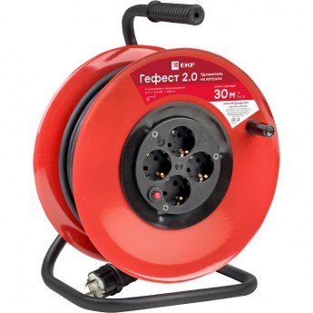 Удлинитель на катушке EKF PROXIMA "ГЕФЕСТ 2.0" 4 гнезда 30м с заземлением и предохранителем КГ 3*1,5 16А/3,5кВт Удлинитель на катушке EKF PROXIMA "ГЕФЕСТ 2.0" 4 гнезда 30м с заземлением и предохранителем КГ 3*1,5 16А/3,5кВт